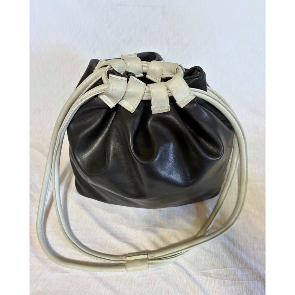 Lancome Drawstring Bucket Faux Leather Crossbody Bag - Black Cream